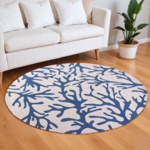 7' Ivory And Blue Coral Hand Hooked Round Rug