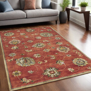5' X 8' Sienna Gold And Green New Zealand Lambs Wool Floral Vines Hand Tufted Area Rug