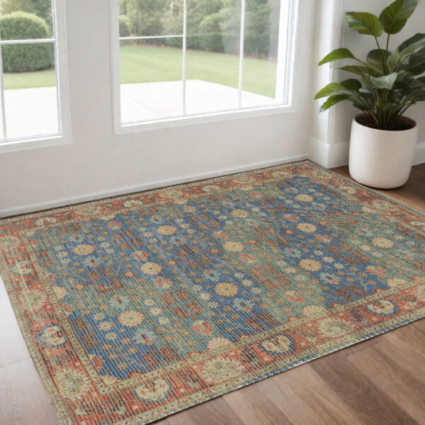 2' X 4' Blue and Red Floral Medallion Hand Woven Area Rug