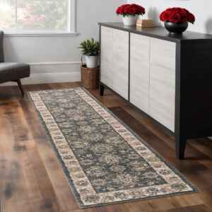 8' Gray And Ivory Floral Runner Rug