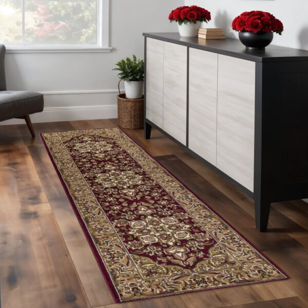 8' Red And Beige Floral Medallion Runner Rug