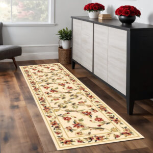 8' Ivory Green and Red Floral Vines Runner Rug