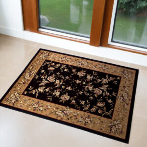 3' X 5' Black And Beige Floral Vines Area Rug