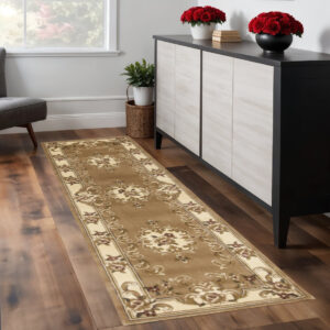 8' Beige And Ivory Medallion Runner Rug