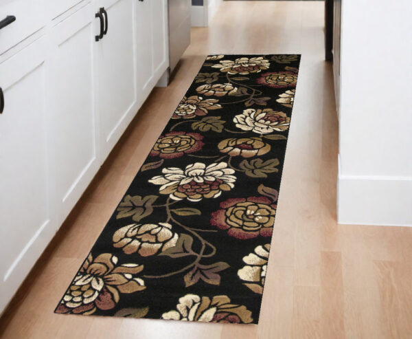 8' Black Floral Vines Runner Rug