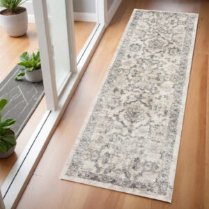 7' Ivory Floral Distressed Runner Rug