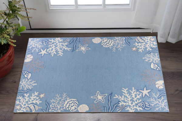 3' X 5' Blue and Off White Coral Hand Hooked Area Rug