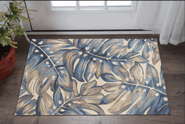 3' X 4' Beige and Blue Wool Tropical Botanical Hand Tufted Area Rug