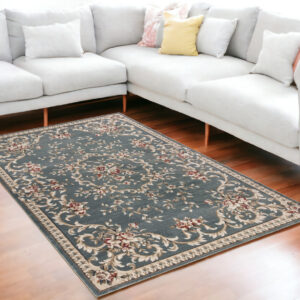 5' X 8' Slate Blue And Red Floral Area Rug