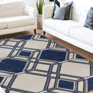 5' X 8' Ivory Or Denim Geometric Diamond Uv Treated Area Rug