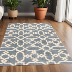 3' X 5' Slate Blue And Ivory Geometric Area Rug