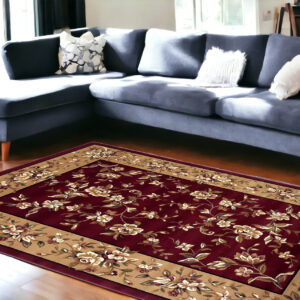 8' X 11' Red Beige Machine Woven Floral Traditional Indoor Area Rug