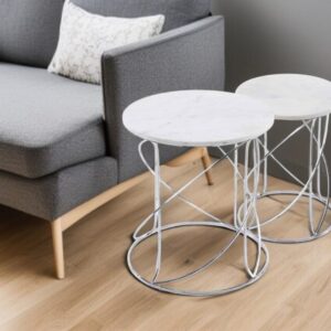 Set of Two White and Silver Marble and Metal Round Pedestal End Tables