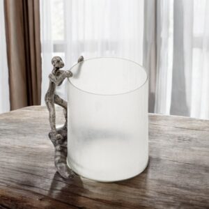 10" Silver And Glass Climbing Man Hurricane Candle Holder