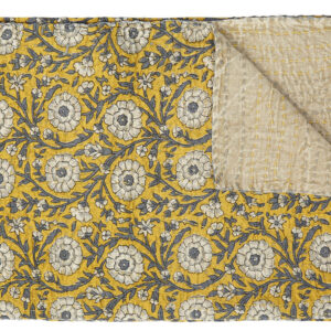 50" X 70" Yellow and Gray Kantha Cotton Floral Throw Blanket