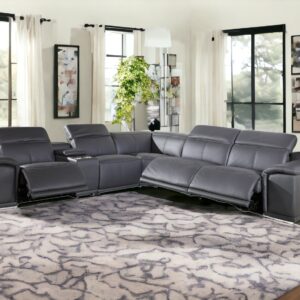 Gray Italian Leather Power Reclining U Shaped Six Piece Corner Sectional With Console