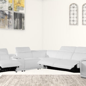 White Italian Leather Power Reclining U Shaped Six Piece Corner Sectional With Console