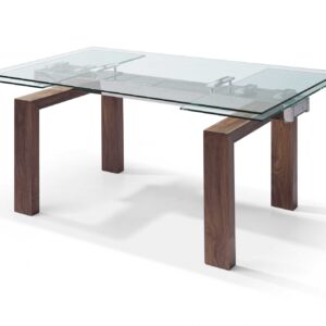 63" Clear and Brown Glass Self-Storing Leaf Dining Table
