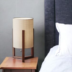 17" Brown Solid Wood Bedside Table Lamp With Natural Cylinder Shade