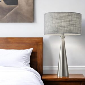 22" Silver Metal Table Lamp With Gray Drum Shade