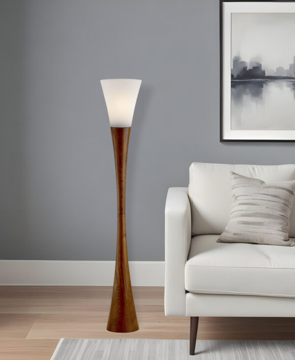 68" Brown And White Solid Wood Novelty Floor Lamp With White Acrylic Cone Shade