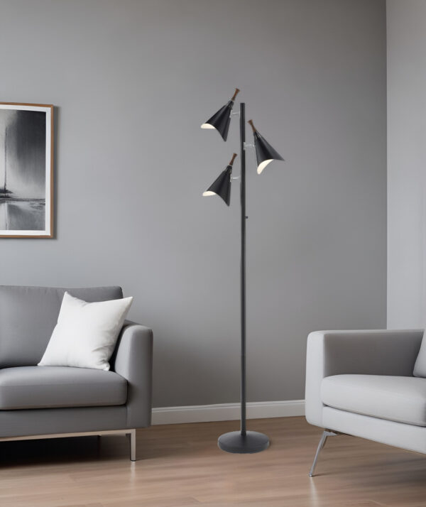 68" Black Three Light Tree Floor Lamp With Black Metal Cone Shade