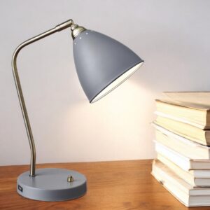 Grey Metal And Antique Brass Adjustable Usb Port Desk Lamp