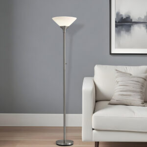 73" Silver Torchiere Floor Lamp With White Acrylic Cone Shade