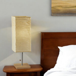 25" Natural Solid Wood And Silver Metal Table Lamp Beige Paper Shade