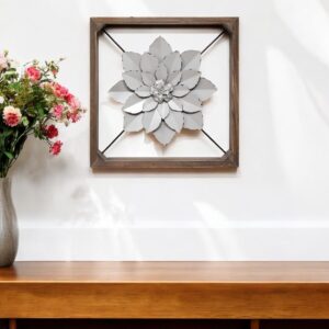 16" Brown And Gray Rustic Metal And Wood Floral Square Hanging Dimensional Sculpture
