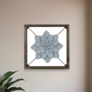 Pale Blue Metal Flower In Walnut Finish Frame