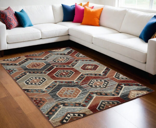 9' X 12' Red Gray And Orange Geometric Area Rug
