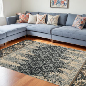 9' X 12' Slate Blue Charcoal And Beige Woodland Lodge Area Rug