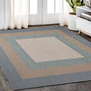 5' X 8' Tan Ivory and Blue Geometric Hand Tufted Area Rug