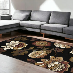 5' X 8' Black and Tan Floral Area Rug