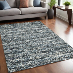 5' X 7' Ivory Blue And Gray Wool Striped Hand Woven Area Rug