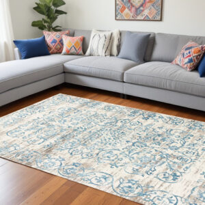 10' X 13' Ivory and Blue Floral Area Rug
