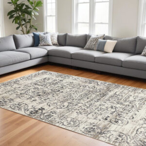 10' X 13' Gray and Ivory Floral Area Rug