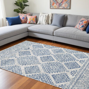 7' X 12' Ivory and Blue Geometric Area Rug