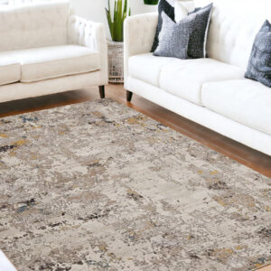 5' X 8' Silver Black And Orange Abstract Distressed Area Rug