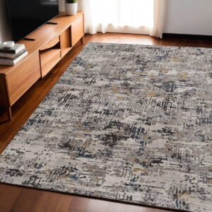 5' X 8' Gray Black And Gold Abstract Distressed Area Rug