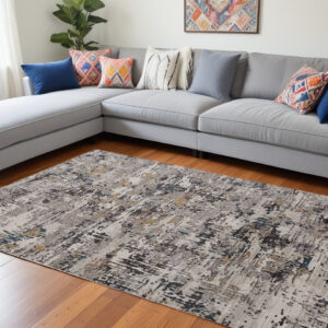 8' X 11' Gray Black And Gold Abstract Distressed Area Rug