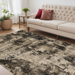 5' X 8' Ivory And Charcoal Abstract Distressed Area Rug