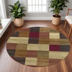 8' X 8' Cream Brown And Red Geometric Round Rug