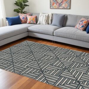 9' X 13' Beige and Charcoal Wool Geometric Hand Tufted Area Rug