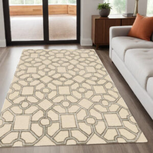5' X 7' Beige Ivory and Brown Wool Geometric Hand Tufted Area Rug