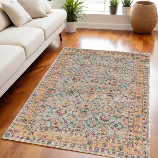 5' X 7' Green And Ivory Jute Floral Hand Woven Area Rug