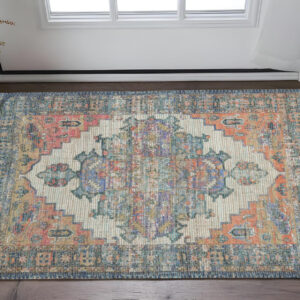 2' X 4' Blue and Ivory Medallion Hand Woven Distressed Area Rug
