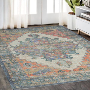 5' X 7' Orange Medallion Hand Woven Distressed Area Rug