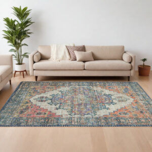 9' X 12' Blue And Orange Jute Medallion Hand Woven Area Rug
